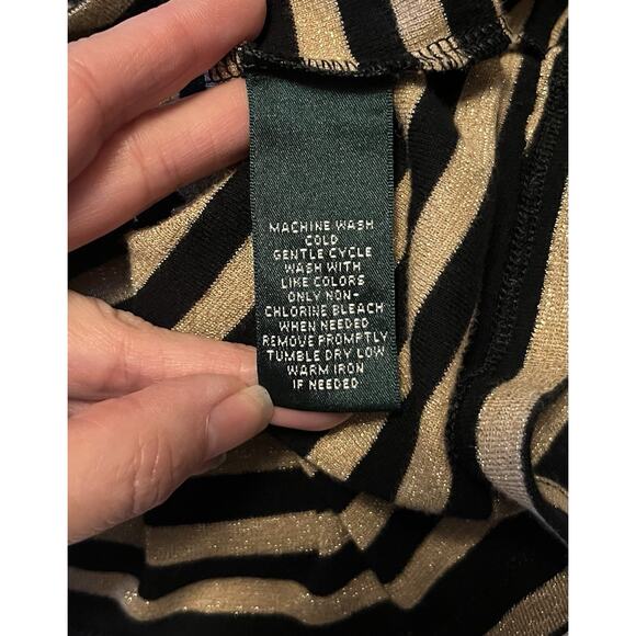 Lauren Ralph Lauren Shirt Women’s Large Black Gold Metallic Striped Stretch Top - Picture 6 of 8